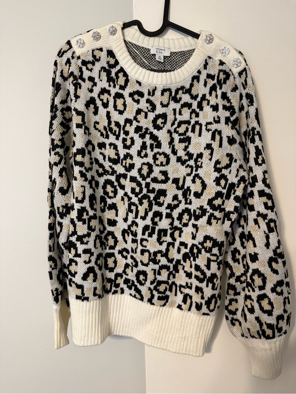 crown & ivy Cream Black Tan Leopard-Print Crewneck Sweater with Shoulder Buttons